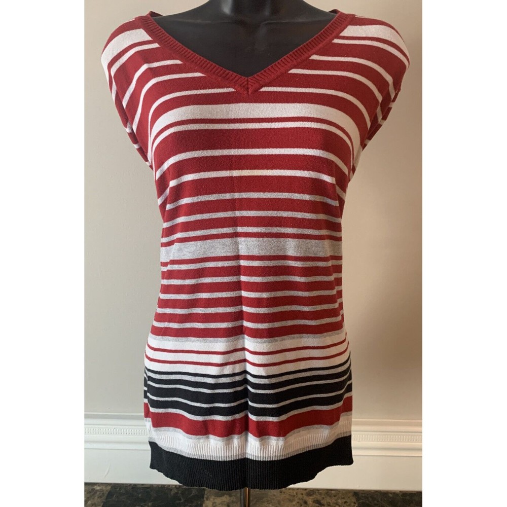 Women's Liz Clairborne Long Sleeve Red Black White Pullover V-Neck Sweater